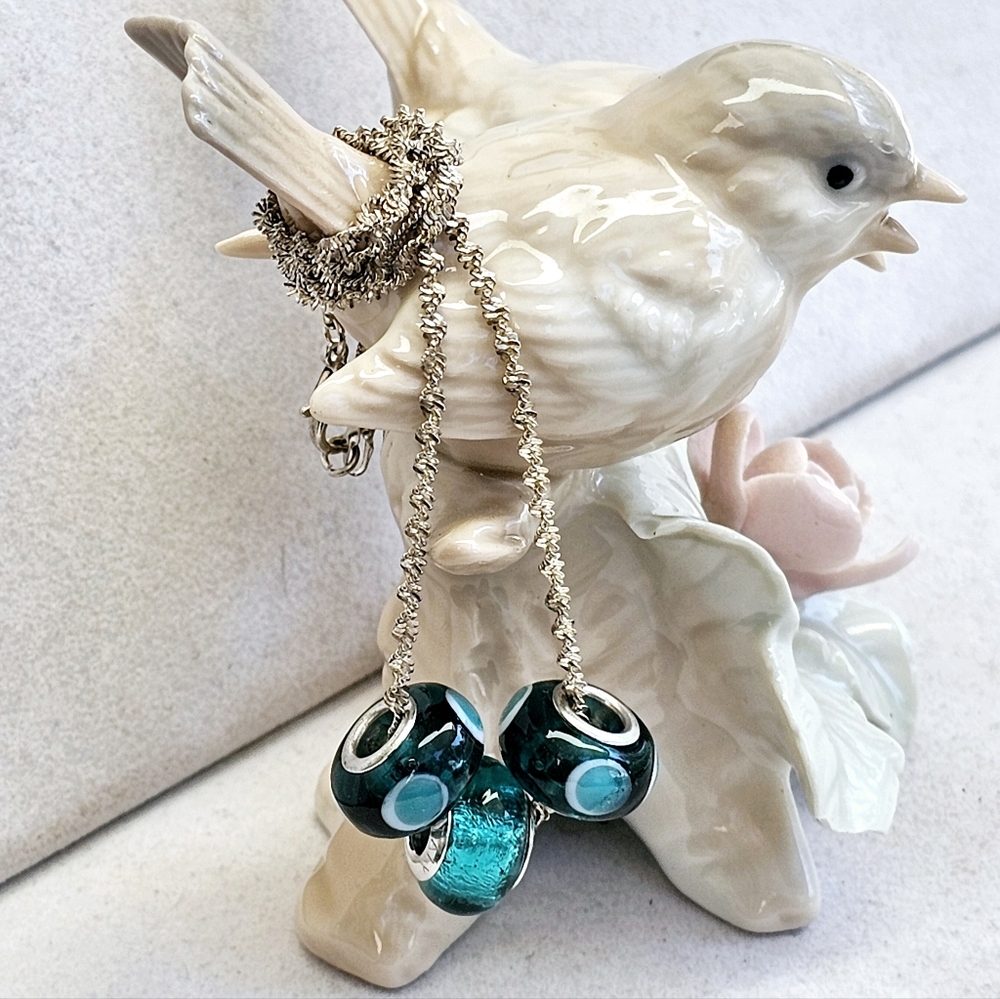 Murano Glass Teal Bead Twisted 925 Silver Necklace - Picture 4 of 12